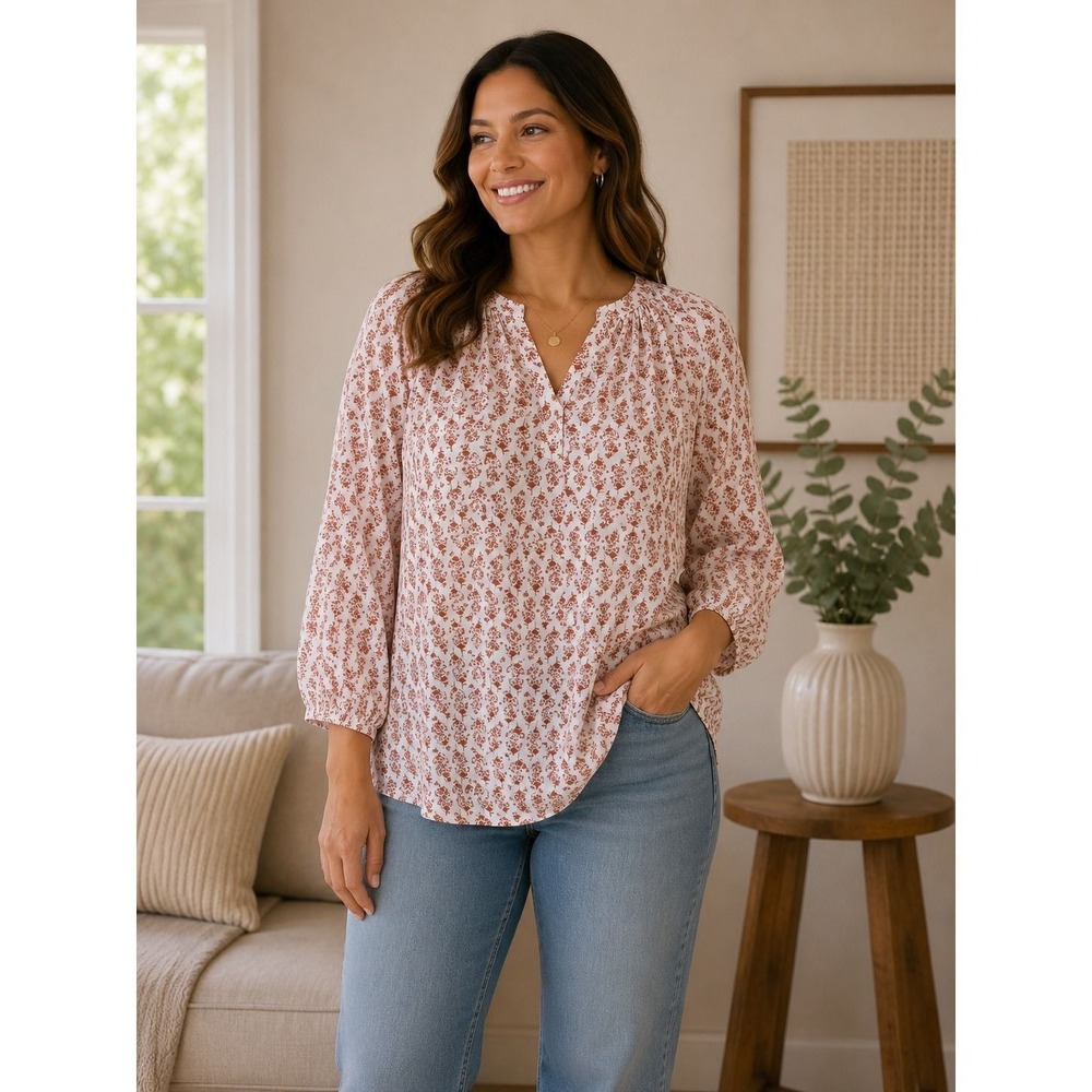 Pure Jill Cotton Peasant Top Women‎ Large Brown Floral Lightweight Cottagecore